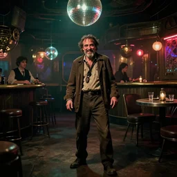 the full - body shot of ( ( ( drunk grinning wrinkled unkempt detective joaquin phoenix ) ) ) with mutton chops beard!!!!!!!!! investigating the crime scene in dark steampunk fallout disco bar, cinematography of christopher doyle, frostpunk, neon gloomy light, discoball reflections, anamorphic, optical flares, kodak film, insanely detailed, 8 k
