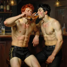 attractive muscular male with red hair, shorts, and muscular attractive male with black hair, pants, drinking their hearts out, in a pub. very defined and highly detailed painting by j. c. leyendecker, gaston bussiere, craig mullins 8 k