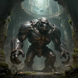 massive iron golem guarding an ancient temple, epic fantasy art, highly detailed and intricate, underground, depth of view, crumbled bridge in the background, moss on the walls, greg rutkowski