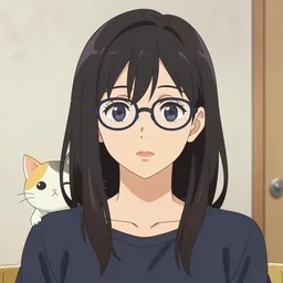 a centered anime portrait of one lady wearing eyeglasses with one cat by wlop, loish, ilya kuvshinov, makoto shinkai, and artgerm, elegant, vivid colors, hyperdetailed artistic lines, intricate, in the style of borderlands, artstation, 8 k