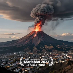 landscape photography of an erupting volcano overlooking a city, dramatic lighting, majestic