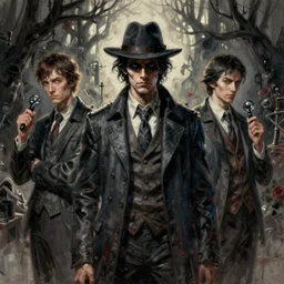 painting of the figures of three investigators in a lovecraftian scenery, high contrast, concept art, dramatic lighting, digital art, 8 k, arkham horror, call of cthulhu, extremely detailed, drawn by ruan jia
