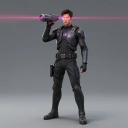 a man with laser point between the eyes, tech divice, fullbody, sci - fi art, artstation