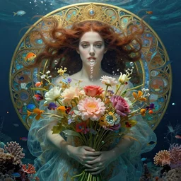 portrait of a beautiful mysterious woman holding a bouquet of flowing flowers, small bubbles from her mouth, hands hidden under the bouquet, submerged underwater filled with colorful small fish and coral reef, fantasy, regal, intricate, by stanley artgerm lau, greg rutkowski, thomas kindkade, alphonse mucha, loish, norman rockwell