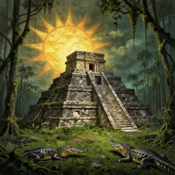 a historical illustration of a half sunken aztec temple in the florida everglades, moss, vines, alligator, foreboding, creepy, in the style of a historical illustration