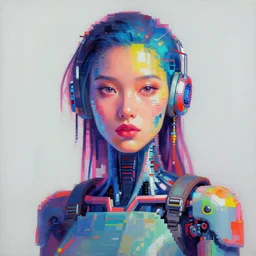 portrait painting of a colorful cybernetic cyberpunk digital woman, fantasy, digital art, pixel sorting