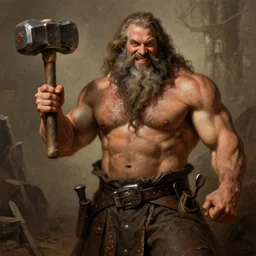 jeffrey wright, blacksmith, very long beard, huge and very muscular, smiling hammer, dungeons and dragons, masterpiece by edgar maxence and ross tran and michael whelan, gustav dore, 8 k, octane render