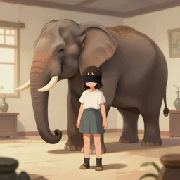 a blindfolded girl and a room with an elephant, artstation
