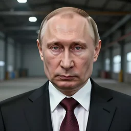 Digital state-sponsored anime art of Vladimir Putin by A-1 studios, serious expression, empty warehouse background, highly detailed, spotlight