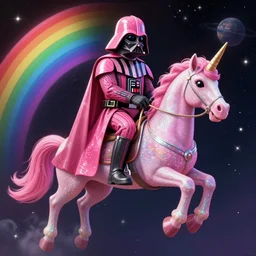 beautiful matte painting of a psychedelic glittering pink darth vader wearing pink riding a unicorn over a rainbow in space by lisa frank and dan mumford, unreal engine, concept art, CGsociety, trending on artstation