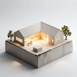 architectural model, isometric view, studio lighting, low contrast, brightly lit studio, highly detailed, stacked boxes, large windows, courtyard, gabled roof, square house, on a cliff, tree