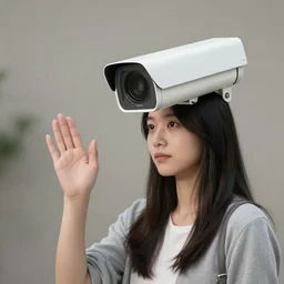 young woman with security camera instead head watching
