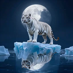 a white tiger standing on the top of a iceberg, under the moonlight, cyberpunk, symmtrical
