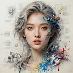 The face of a very beautiful goddess radiating an artwork made from layers of technical drawings and architectural plans, very detailed and intricate with callout texts, leaders, arrows and bubbles by James Jean and Ross Tran and WLOP , hyperrealism, swirling acrylic paint pour , subsurface scattering, octane render, bokeh, 8k,  xparticles