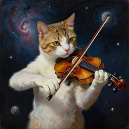 painting of a cat playing violin in space, nebula, stars, high detail, style of rene magritte, 8 k, trending on artstation