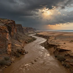 muddy river leads to sea by hiroshi yoshida, marc simonetti, roger deakins, turner, rothko, hyperrealism, cinematic, rock plateau, dramatic stormy scene, desert sunset, matte painting, fluid simulation, tonalism, volumetric light, trending on artstation, cgsociety, high detail concept art, top view, rendered in octane