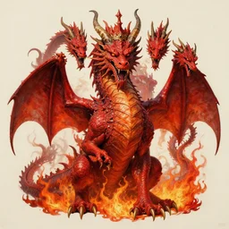 a crowned 7-headed, 10-horned great fiery red dragon, detailed, intricate, matte painting by Mariusz Lewandowski, Giger and Jacek Yerka