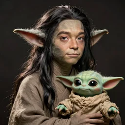 still of yoda when he was young!!. long black hair. smooth skin. face looks like young albert einstein and stuart freeborn and grogu