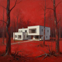 social modernist blockhouse estate in the midle of red, radioactive dead forest, painting, hyperrealism