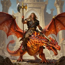 panoramic portrait painting of very handsome and savage barbarian riding a fire breathing red dragon, asymmetric, full body view and focus of high detailed photo realistic face, wearing ancient barbarian clothing in the style of conan, centered, rule of thirds photo, hyper realistic, runic temple in the background, sharp focus, intricate oil painting, golden axe box art illustration style masterpiece trending on artstation pixiv fan