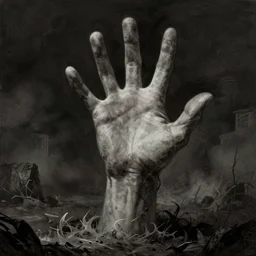 an immense pale monstrous hand rising up from the ground. horror fantasy art by greg rutkowski and magali villanueve
