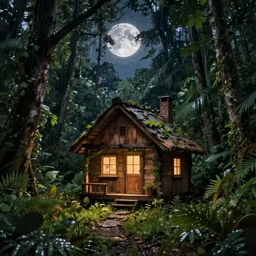 a tiny rustic wooden house with the light on, in the center of rainforest, waning moon night, highly detailed, digital painting, trending on artstation, concept art, smooth, sharp focus, illustration, art by greg rutkowski