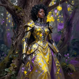 hyperrealistic victorian super expressive! black woman with exoskeleton armor, merging with tree in a forest, highly detailed digital painting masterpiece smooth brad kunkle hannah yata dramatic pearlescent yellow purple light ground angle hd 8k sharp focus