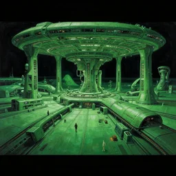 wideangle view of a spaceport deep green colors, highly detailed science fiction painting by syd mead, roger dean, and moebius. rich colors, high contrast, black background. unreal engine, artstation.