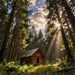 concept art of an inside of a cabin in the woods, cinematic view, epic sky, detailed, concept art, low angle, high detail, warm lighting, volumetric, godrays, vivid, beautiful, trending on artstation, by jordan grimmer, huge scene, grass, art greg rutkowski