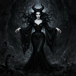 style of edmund dulac : : gorgeous willa holland : : evil witch, swirling black magic, black dress : : symmetrical face, symmetrical eyes : : full body pose : : gorgeous black hair : : magic lighting, low spacial lighting : :