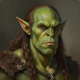 a highly detailed portrait painting of an orc barbarian male, long brown hair with braids, long elf ears, green skin, by greg rutkowski and alphonse mucha, sharp focus, matte, concept art, artstation, digital painting
