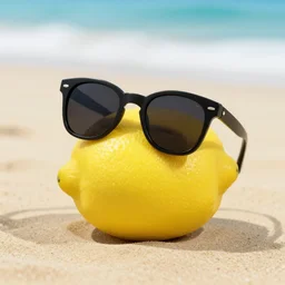 a lemon on a beach and wearing sunglasses,4k quality