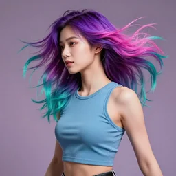 a award winning half body portrait of a beautiful woman in a croptop with a ombre purple pink teal hairstyle with head in motion and hair flying, outrun, vaporware, vivid colors, highly detailed, fine detail, intricate