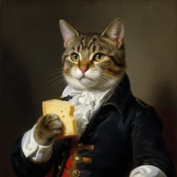 portrait painting of a  cat holding a piece of cheese and wearing napoleon cloths  by George Stubbs, renaissance painting, oil painting, old master
