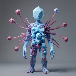 a self portrait by the artist kelbv, in distinct hyper detailed style with tubes sprawling from everywhere, and hollowed body filled with light blue and cerise stellated dodecahedra, perfect studio lighting against a backdrop of a still from the movie squid arrest.