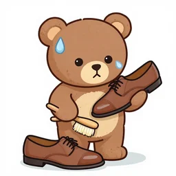Teddybear is standing with brush in his hand, sweating a lot while polishing shoes, the bear also hold the shoe, looking at the shoe, cartoon art