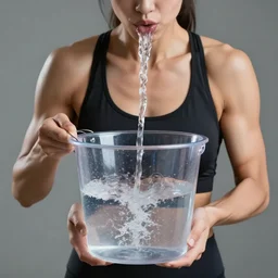 front view of a very muscular woman holding a transparent bucket, water is pouring from her mouth into the bucket