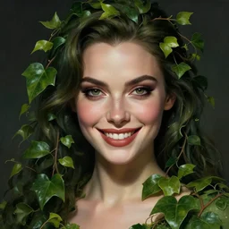 Beautiful portrait of Daria Strokous smiling as Poison ivy from Batman, extreme closeup, physically accurate, moody dynamic lighting, very very intricate, very very elegant, highly detailed, digital painting, artstation, HR GIGER, Hieronymus Bosch, Francis Bacon, concept art, smooth, very beautiful, sharp focus, illustration, art by artgerm and greg rutkowski and alphonse mucha