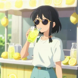 photorealistic Lemon with Sunglasses drinking Lemonade at a lemonade stand on a summer day, anime key visual, digital art, anime screenshot, kyoto animation, makoto shinkai, trending on artstation