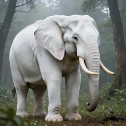giant elephant in white spacesuit in the woods, foggy mood, overcast bokeh - c 5