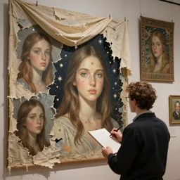 museum curator painting image portraits with stars and hanging torn silk drapery and broken tapestries, light dust, magnificent, close up, sharp focus, elegant, highly detailed, illustration, by jordan grimmer greg rutkowski wlop maya takamura, intricate, trending artstation, pixiv, digital art