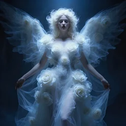renaissance professional digital art of wonderful symmetrical goddess with a majestic semi transparent white roses cotton dress, blue atmospheric light, dramatic lighting, cinematic, painted, intricate, detailed, foreboding, by art by meredit frampton and gregory crewdson, epic, stunning, gorgeous, much wow, cinematic, masterpiece.
