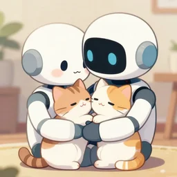 a robot cuddling kittens, anime, cute