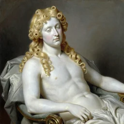 Painting of lucius as an indolent consort, long blond drill curls, delicate androgynous prince, pale white porcelain skin, cool tones, by Leyendecker and Norman Rockwell