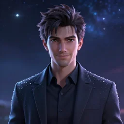 Anime Geert Wilders, outdoors lighting, astral background, symmetrical face and body, confident, smile, detailed moisture, detailed droplets, DSLR, ray tracing reflections, eye reflections, focused, unreal engine 5, vfx, post processing, post production, Arcane Style, 8k