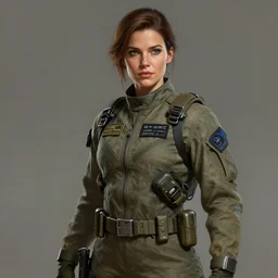 epic professional digital portrait art of woman wearing airforce jumpsuit, digital painting by artgerm, artstation, cgsociety, wlop, epic, much wow, much detail, gorgeous, detailed, cinematic, masterpiece