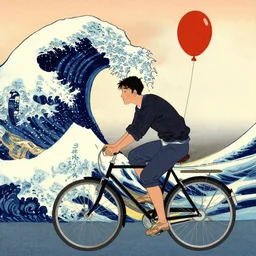 a guy riding a bicicle with a balloon in his hand, by Hokusai