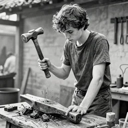 film still of youthful charlie day, working as blacksmith, charcoal sketch, lineart, inked illustration, greyscale, holding hammer, style of blvnk tumblr