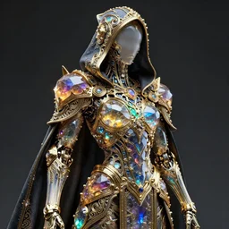 cybernetic crystal assassin, trending concept art, realistic, smooth matte, intricate linework, beautiful spectrum of colorful gems on dark intricate armor cloak, cyborg, clear focus, glowing, baroque, hooded, ornate! gold!, specular, futuristic, detailed, moody, magical, wlop, chebokha, rutkowski, artgerm, shinkai