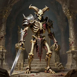 A spiked horned semiork-semihuman skeleton with armored joints stands in a large cavernous throne room with broadsword in hand. Massive shoulderplates. Extremely high details, realistic, fantasy art, solo, masterpiece, bones, ripped flesh, saturated colors, art by Zdzisław Beksiński, Arthur Rackham, Dariusz Zawadzki